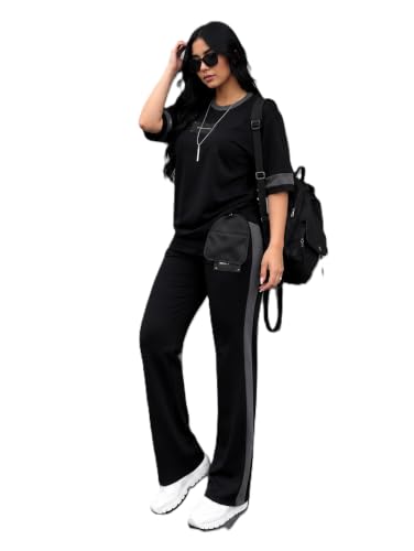 Tracksuit for Women | Casual Brown Loungewear 2 Piece Set | Short Sleeve T Shirt and Wide Leg Pants with Side Stripes | Sports Jogging Co ord Matching Sweatsuit(40-N-1-4)