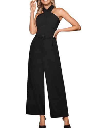 CUPSHE Damen Jumpsuit Crossover Neckholder Ärmellos Overall Gesmoktes Taille Weites Bein Lang Playsuit Elegant Büro Hosenanzug Schwarz S