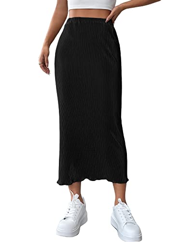 Verdusa Women's Casual Lettuce Trim High Waist Ribbed Midi Pencil Skirt Black M #TOP14