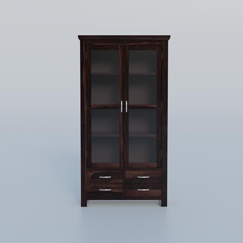 Image of Krishna Wood Decor Wood Big Book Shelf for Home Library | Wooden Bookshelf Cabinet with Acrylic Glass Door Storage | Home Furniture Crockery Kitchen Cabinet | Books Rack for Shelves | Walnut Finish