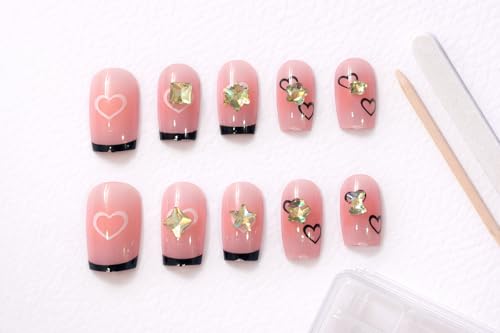 Glossy Press On Nails with Gold Stud Design, Medium Length Artificial Nails for Women and Girls, Ready to Wear Fake Nails Set for Party, Wedding and Daily Use, 12 Pieces (Pink Heart French Tip Nails)