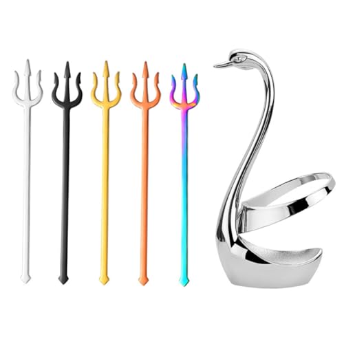 CIYODO Neptune Set Swan Base Holder 6pc Metal Dessert Fork Set Fruit Forks for Home