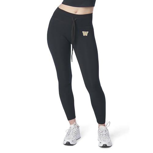 NCAA Washington Huskies High Waisted Rib Legging, Tummy Control with Drawstring, Comfy and Stretchy, Small Black