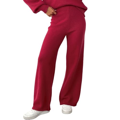 Pantalones Mujer Pantalones Casuales de Mujer con Cintura Alta y Bordados Florales para un Estilo Diario cómodo y Elegante con Pierna Ancha (Red, L)
