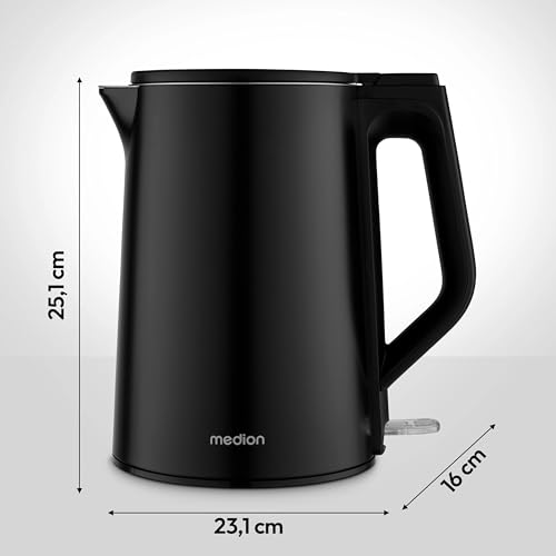 MEDION Waterkoker van roestvrij staal (1,5 L, 2.200 W, 360°-voet, warmhoudfunctie, LED-indicatie, dubbelwandig, MD12105) zwart - Afbeelding 3