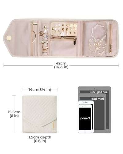 BAGSMART Travel Jewelry Organizer Case Foldable Jewelry Roll for Journey Rings, Necklaces, Earrings, Bracelets,Mini,Beige