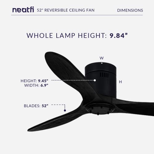 Neatfi Nordic Simple 52" Flush Mount Ceiling Fan With 3 Solid Wood Blades, 6-Speed Remote, Quiet Dc Motor (Black) #TOP6