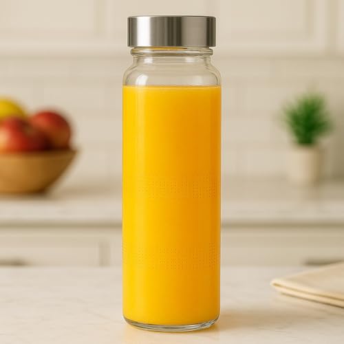 Image of 750ml Glass Water Bottle with Silver Stainless Steel Lid - Aesthetic Textured Design - Airtight & Leakproof Fridge Storage Containers for Juice, Milk, Smoothies & Kombucha - BPA Free