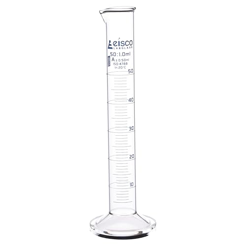 Graduated Cylinder, 50ml - Class A Tolerance ±0.50ml - Round Base - Blue Graduations - Borosilicate 3.3 Glass - Eisco Labs