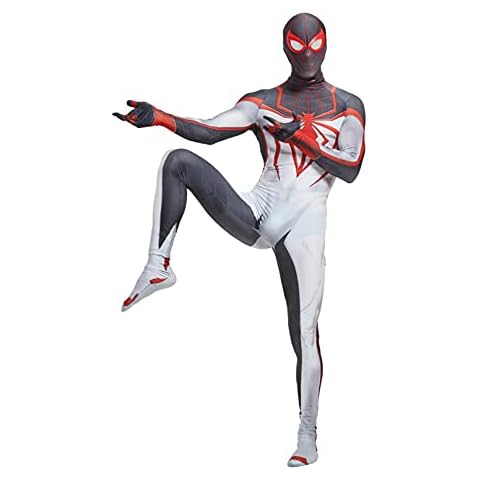 MODRYER Ultimate Spiderman Cosplay Costume Adult Child Fancy Dress Suit PS5 Anime Tights Miles Morale Overall Halloween Party Masquerade Bodysuit, White Adults/L 160 ~ 170 cm Cover