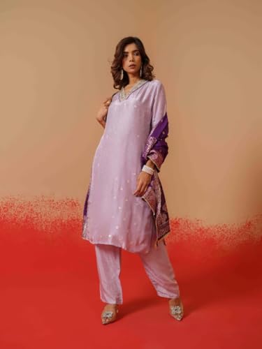 Image of Kaari Women's Embroidered Kurta Set with Dupatta - Festive Kurta Set for Women Polyester
