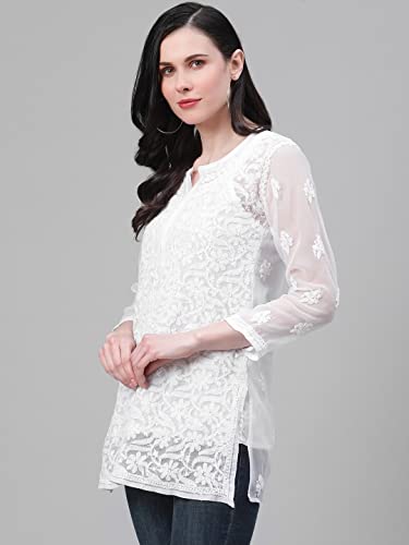 Image of Ada Women's Georgette Regular Fit Chikankari Hand Embroidered Lucknowi Short Top Kurti with Slip A211683