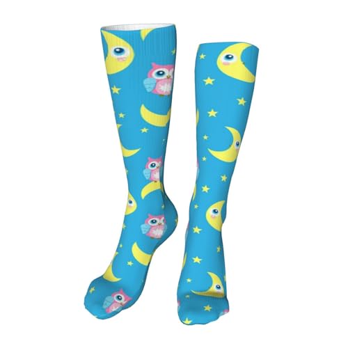 Cute Pink Owls Blue Compression Socks for Kids Boys Girls, Knee High Soccer Socks Long Tube Funny Gifts for Running Sports Travel 19.8in