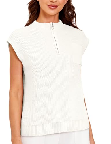 Image of Women Sleeveless Knit Zip Sweater Vest Loose Fit Mock Neck Casual Tank Top with Front Pocket