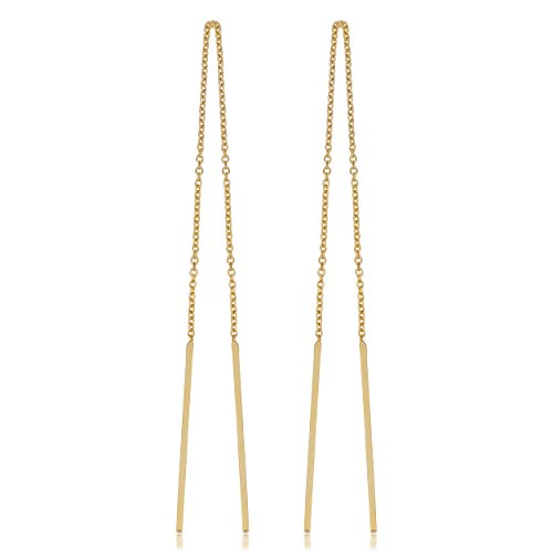 KoolJewelry 14k Yellow Gold Bar Threader Earrings Minimalist Jewelry for Women