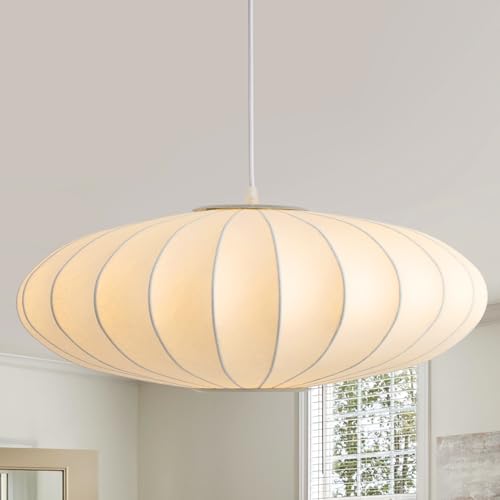 Image of Large 23.6 inch Lantern Pendant Light, White Imitation Silk Lampshade, Bubble Pendant Light, Hanging Lamp Simple Chandelier for Living Dinning Room Kitchen Island Bedroom Restaurant Cafe
