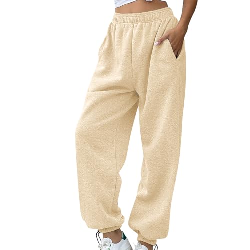NSICBMNO Hose mit geradem Bein für Damen, Thermo-Jogginghose, elastische Taille, Übergröße, Fleece-gefütterte Hose, Trainingshose, Lounge, sportliche Jogginghose für Büro, Arbeit, Reisen, D Beige, 3XL