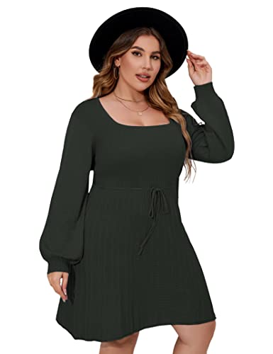 Image of Women's Plus Size Casual Sweater Dress Square Neck Long Lantern Sleeve Tie Waist Loose Pullover Sweater Dresses