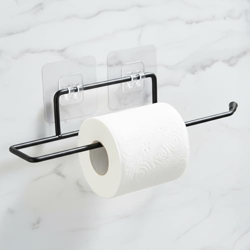 Image of Amazon Basics Self-Adhesive Toilet Paper Holder | Wall-Mounted Bathroom Tissue Roll Hanger | Rust Proof GI Steel with Powder-Coated Black Finish | 24.8L X 5.47W x 4.8H cm, Pack of 1