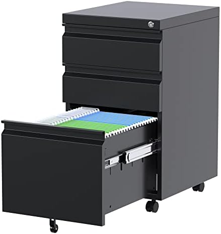 METAN Metal 3 Drawer Mobile File Cabinet with Lock, Under Desk Metal Filing Cabinet for Legal/Letter File, Fully Assembled, Black