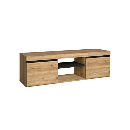 Skraut Home | Meuble TV Modèle Naturale | Couleur Chêne/Noir | Salon-séjour | Support Télévision avec étagères et placards de Rangement | 140 x 40 x 41 cm(Naturale 140)
