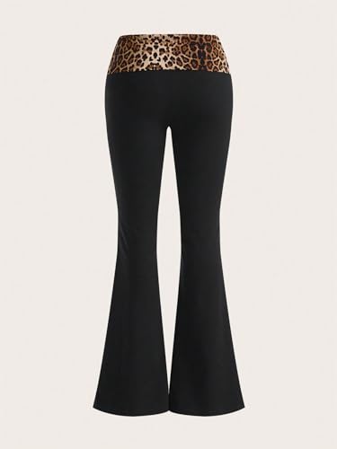 Floerns Women's High Waist Elastic Leopard Patched Leggings Flare Leg Pants2