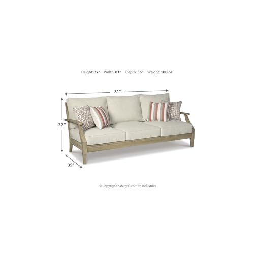 Signature Design by Ashley Clare View Outdoor Patio Sofa, 4 Throw Pillows, Nuvella Weather Resistant Fabric, Eucalyptus Wood, 81" W x 35" D x 32" H, Beige