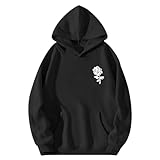 Bobeutou Oversized Graphic Hoodies for Men Rose Print Hoodie Vintage Fleece Hooded Sweatshirt Trendy Pocket Pullover Top (Black,L,Large)