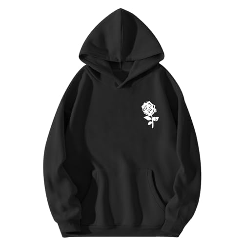 Bobeutou Oversized Graphic Hoodies for Men Rose Print Hoodie Vintage Fleece Hooded Sweatshirt Trendy Pocket Pullover Top (Black,L,Large)
