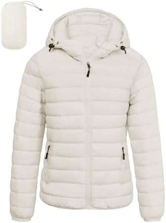 LZACTOIN-X Puffer Parkas for Women Lightweight Down Insulated Jacket Multi-Pocket Coats Packable Windproof Cold Weather Coat with Hood for Working Outdoor Activities Off-White Medium
