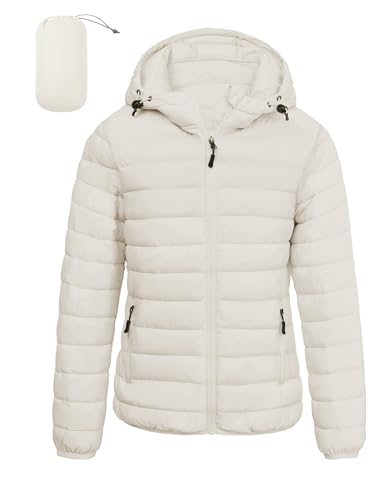 LZACTOIN-X Women Lightweight Rain-Resistant Puffer Coat with Hood Thicken Thermal Bubble Jacket Womens Water-Resistant Ultralight Packable Essential Cold Weather Gear Off-White Large