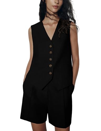 Athlisan Womens Two Piece Outfits Casual Bussiness Vest Sleeveless V Neck Button Front Waistcoat High Waist Shorts