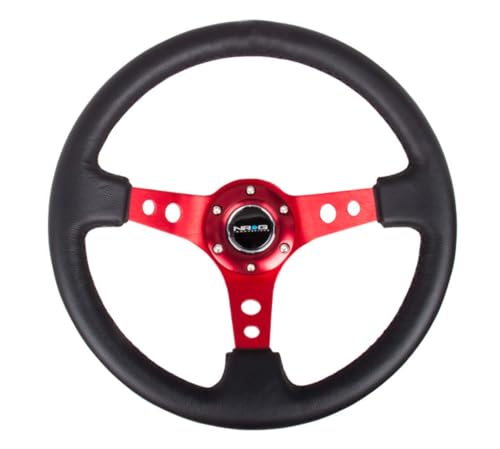 NRG Innovations NRG-RST-006RD Reinforced Steering Wheel - 350mm Sport Steering Wheel (3 Deep) - Red Spoke with Round holes Black Leather