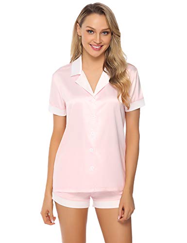 Aibrou Womens Satin Pajamas Set Short Sleeve Button Down Sleepwear Silky Pj Lounge Sets Apricot S