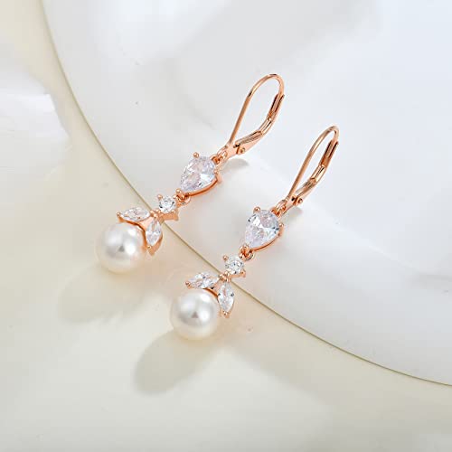 Fataci Women Bridal Wedding Earrings Rose Gold Plated Mother Of Pearl Dangle & Drop Earrings With 5A Cubic Zirconia For Brides Bridesmaids Proms Jewerly Gifts #TOP2