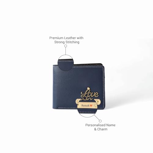 Image of Personalized Name & Charm Leather Wallet for Men |Customized Valentine Propose Day Gifts for Men Boy Teens Boyfriend Husband Father Friend Family Office Lover Couples (Blue)