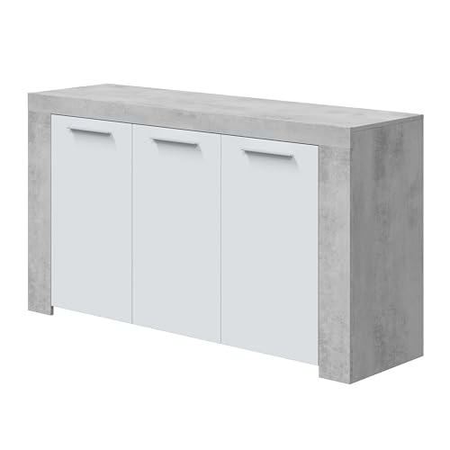 Habitdesign, Aparador, Buffet Moderno, Armario Auxiliar Comedor, Modelo Ambit, Color Blanco Artik y Gris Cemento, Medidas: 144 cm (Largo) x 42 cm (Fondo) x 80 cm (Alto)