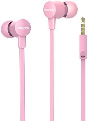 MOXKING In-Ear Kopfhörer mit Kabel für kleine Ohren, Mikrofon & Lautstärkeregler, flaches Kabel, ideal für Frauen & Kinder (Rosa)