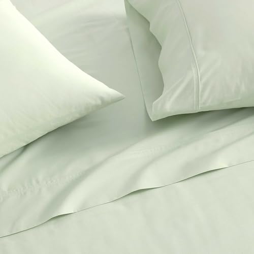 Image of Martha Stewart - Queen Size Sheets Set, Crisp & Tailored Cooling Sheets w /a Naturally Smooth Cotton Percale Lightweight Feel - Matching Pillowcases & Fitted Sheet (Skylands Solid Green)