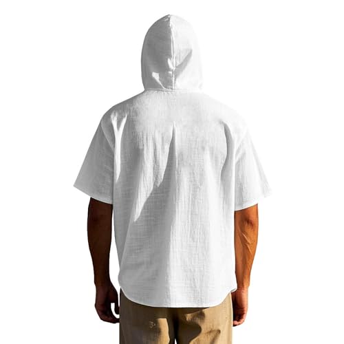 Mens Linen Hooded Shirts Summer Casual Solid Color Hoodie Comfy Loose Fit Button Down Short Sleeve Tops Lightweight3
