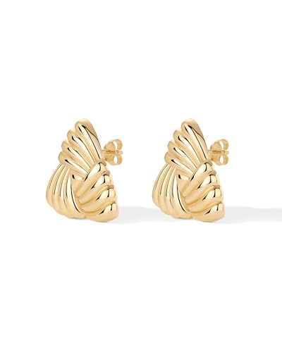 Image of PAVOI 14K Gold Plated Chunky Vintage Earrings for Women - Trendy Textured Ribbed Knot Geometric Triangle Rope Button Seashell Wing Dangle Drop Stud Earring
