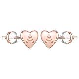 Heart Initial Stud Earrings for Girls, S925 Sterling Silver Rose Gold Plated Dainty Girls Earrings H
