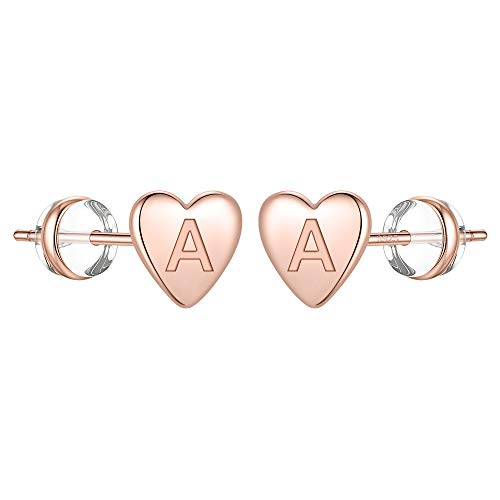 Heart Initial Stud Earrings For Girls, S925 Sterling Silver Rose Gold Plated Dainty Girls Earrings Hypoallergenic Letter A Initial Earrings For Women Toddler Girls Earrings For Kids Earrings #TOP10