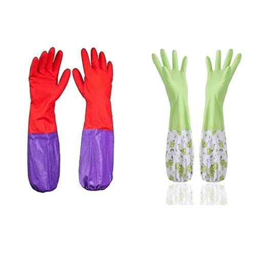 Image of Reusable Rubber Latex PVC Flock lined Long Sleeves elbow length Hand Gloves for Kitchen Dish-Washing, Cleaning, Gardening, Laundry and Sanitation and Lab Work (Long Elbow Gloves + Green)