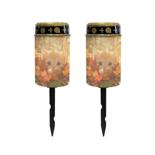 Image of Poceacles Flameless Candle Solar Powered Grave Outdoor Lights Cemetery Candle Flameless Fake LED Pillar Lights Outdoor Waterproof Lawn Decoration, Cute Cat Autumn Forest Leaf, Set of 2