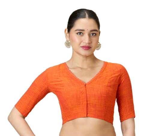 Image of Studio Shringaar Women's Handloom Cotton Side Stretchable (Smocked) Readymade Saree Blouse with Crochet Neckline