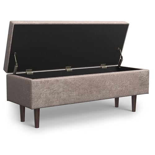 SIMPLIHOME Shay 48 inch Wide Mid Century Modern Rectangular Storage Ottoman in Distressed Grey Taupe Vegan Faux Leather, Assembled, for The Living Room, Entryway and Family Room