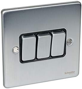 Schneider Electric Ultimate Low Profile - 3 Gang Rocker 2 Way Light Switch, 16AX, GU1532BBC, Brushed Chrome with Black Insert