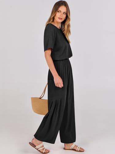 Anrabess Women Linen Jumpsuits 2024 Summer Casual Loose Short Sleeve Wide Leg One Piece Jumper Romper Outfits Trendy Clothes Black Large thumb #4