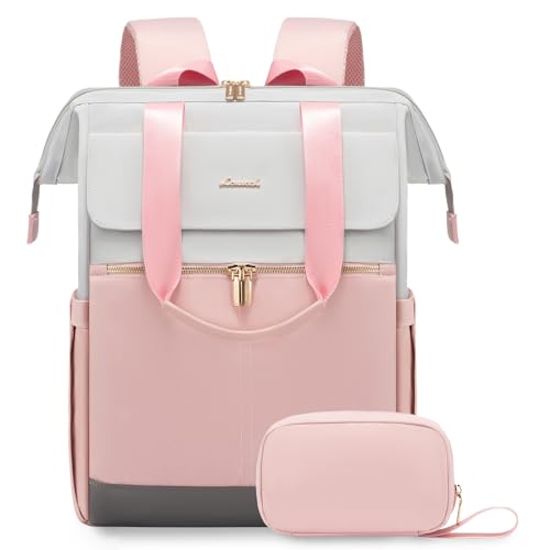Image of LOVEVOOK 17.3 Inch Laptop Backpack for Women, Large Capacity Travel Backpack with Organizer Bag, Waterproof Carry on Backpack Work Bag with USB Port, Teacher Nurse Backpack Purse, 2PCS, Grey-Pink